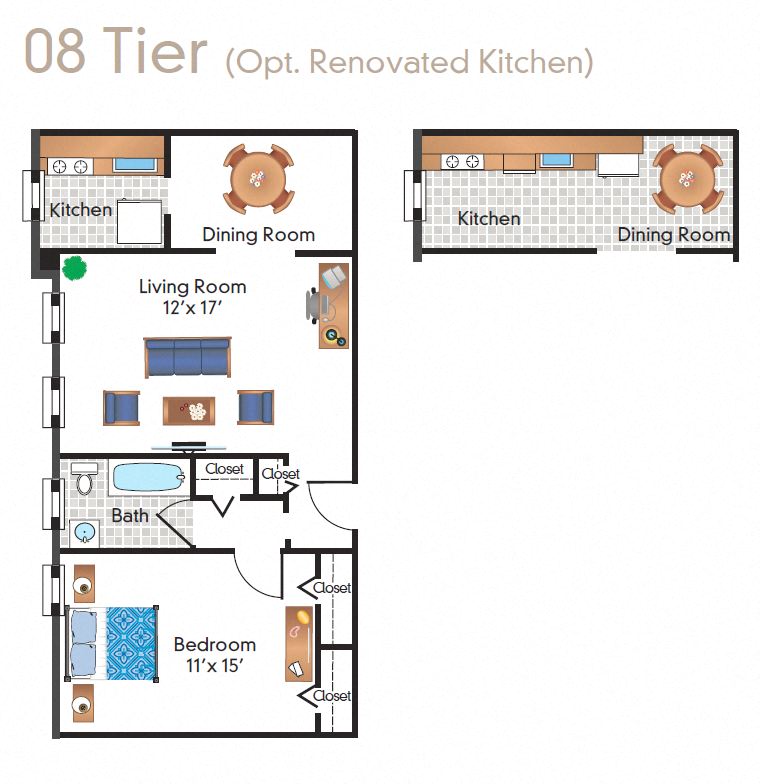 Floor plan for 1 bed, 1 bath, 685 sqft